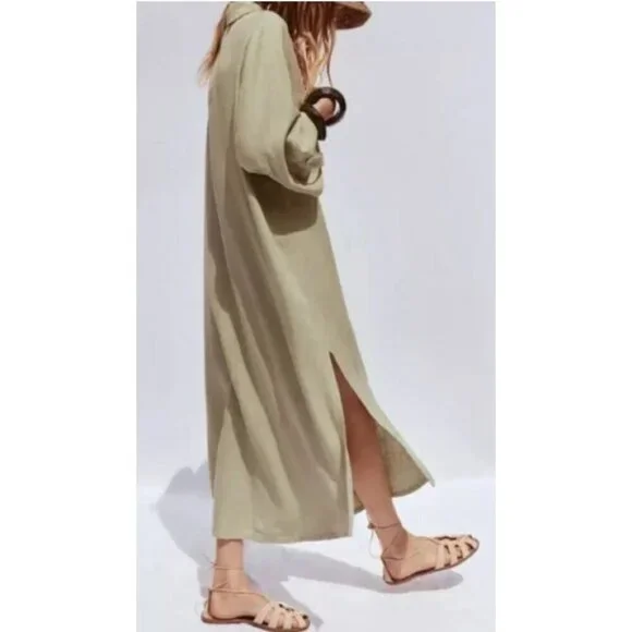 NWOT Zara Sage Green Linen Blend Shirt Dress, Size Small - Picture 3 of 13